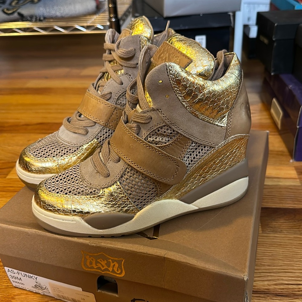 Ash Funky Antique Gold Metallic Wedge Sneakers in a size 39 size 8.5. New in box